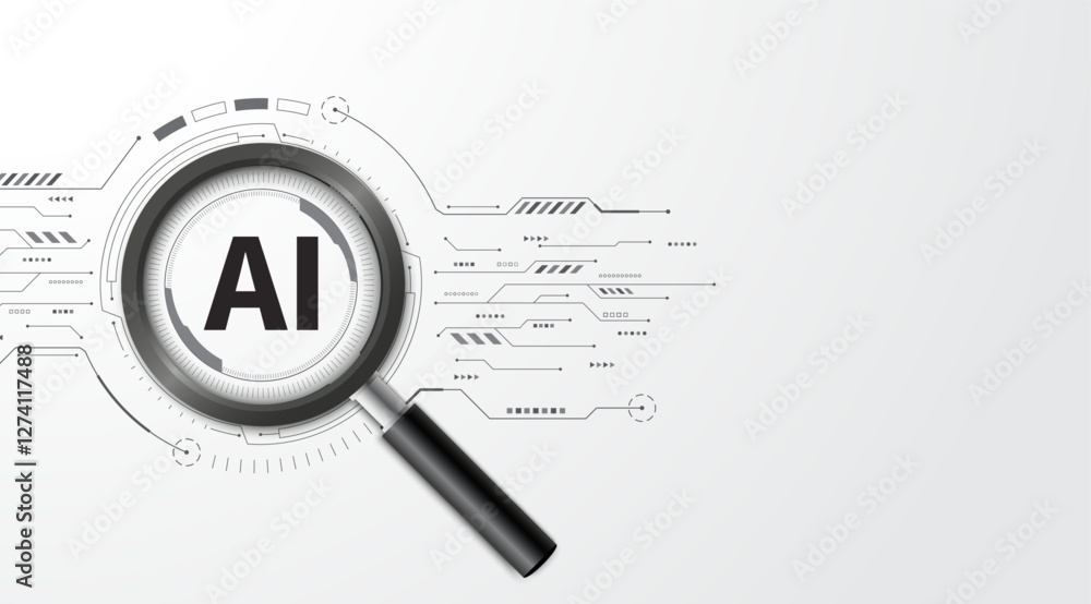 Poster Concept of Artificial intelligence. AI search engines and analysis. Magnifying glass focus AI words on the circuit board. Modern futuristic design background. Vector illustration.