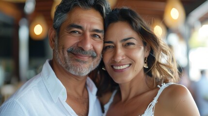 A middle-aged couple posing together with the ambiance suggesting a casual dining environment, possibly a cafe or restaurant.