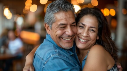 "A happy couple embracing."