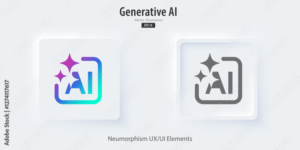 Poster Modern AI Generate button. Generate ideas from machine learning. Generative button in trendy neuromorphic style for Apps, websites, and interfaces. UI UX elements. Vector illustration.