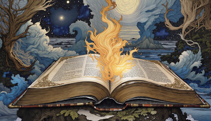 Open book with flames and cosmic background