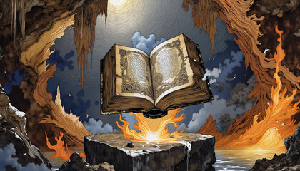 Open book floating above fiery rocky terrain