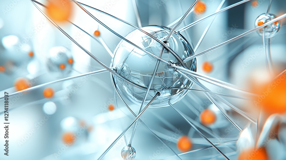 Poster silver and orange molecular structure with interconnected lines in blurred background