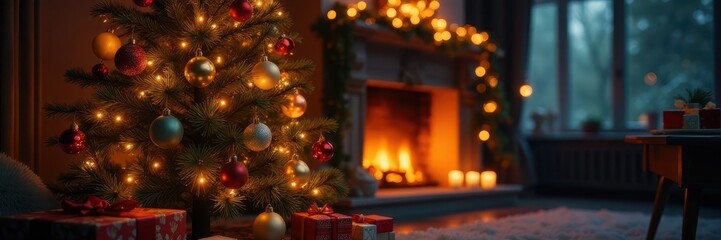 Ornamented tree, glowing lights, fireplace, gifts , ornaments, season