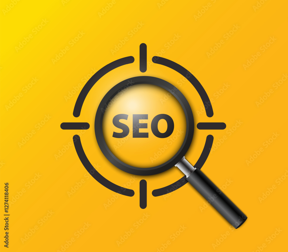 Poster 3D Magnifying glass focus on Search engine optimization (SEO) concepts isolated on a yellow background. Searching information data on internet networking concept. Vector illustration of loupe.