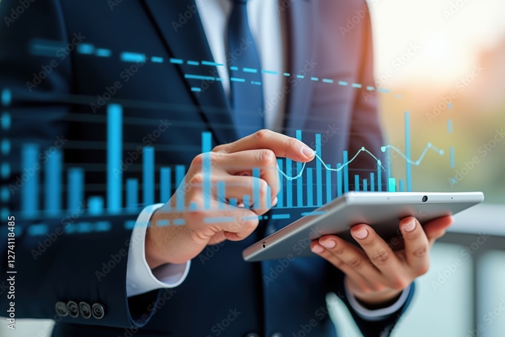 Poster a business professional analyzing data trends on a digital tablet while standing in an urban setting