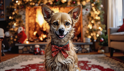 Happy dog with bowtie sitting by a Christmas fireplace