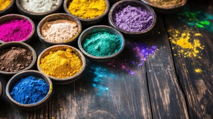 Naklejka premium Vibrant Holi Powder Colors in Bowls on Dark Wood Background 