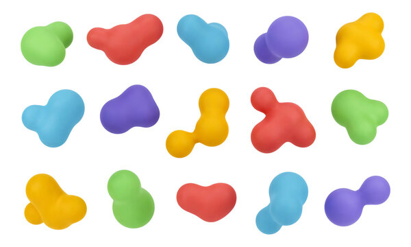 Abstract liquid 3d blob shapes, floating paint drops collection. Vector isolated bright molecular or fluid elements. Organic art design set. Vivid bouncing and sphere formed balls or toys