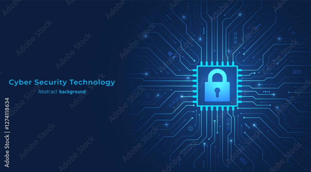 Poster Concept of cyber security. The Padlock on the circuit motherboard and, futuristic blue background. Secure technology and Data protection. Vector illustration.