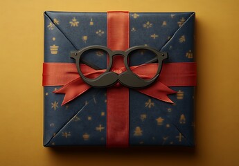 Happy Father's day concept. Sign of hat mustache with pipe glasses red heart gift box isolated on pastel blue background. Simple minimalism flat lay top view copy space.