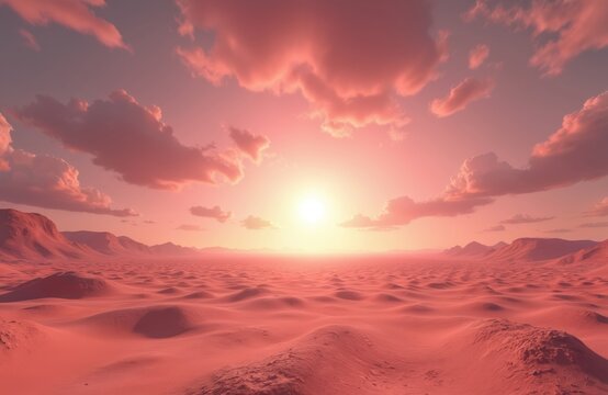 Alien planet desert panorama. Red sand dunes stretch to horizon under cloudy sky with sun. Great for virtual reality or video game backdrop, travel, tourism or sci-fi concepts.