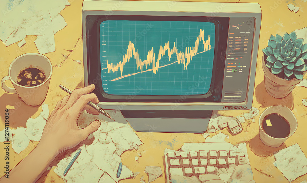 Aufkleber analyzing stock market data on retro computer with coffee and succulent