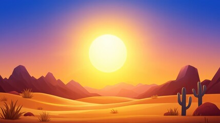 Fototapeta premium A vibrant sunset over a desert landscape, featuring rolling sand dunes and silhouetted cacti against a colorful sky. The warm hues of yellow and orange create a serene atmosphere.