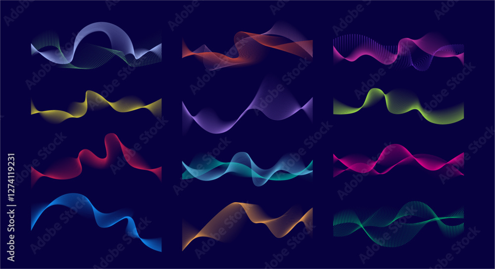 Poster Dynamic waves gradients set. Vector visual effect of line colors spectrum. Fluid or moving nature gradients collection. Musical particles or energy flows rolling, pulsating or oscillating