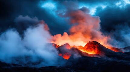 A breathtaking view of an erupting volcano, showcasing vibrant lava against a dramatic sky