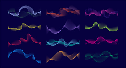 Dynamic waves gradients set. Vector visual effect of line colors spectrum. Fluid or moving nature gradients collection. Musical particles or energy flows rolling, pulsating or oscillating