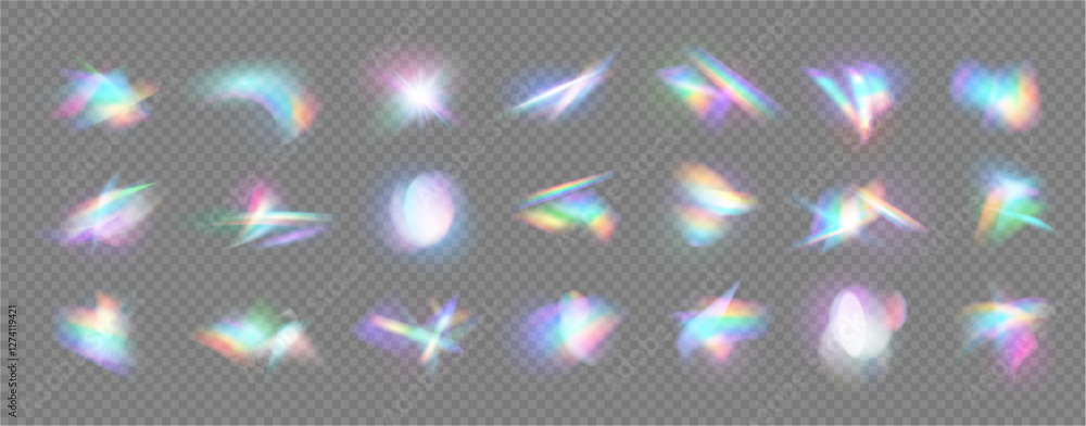 Aufkleber Vibrant and dynamic play of light, visually striking and radiant display elements. Vector realistic collection of optical lens flares emanating from central source. Rainbow leak effect