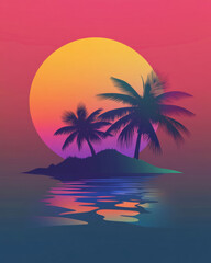 Obraz premium vibrant sunset over tropical island with palm trees, reflecting colorful hues on water surface, creating serene and peaceful atmosphere