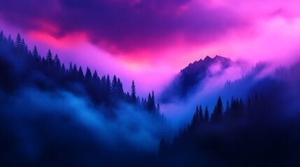 Mystic mountain range shrouded in dreamy fog under a vibrant twilight sky