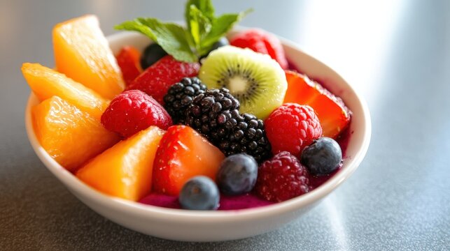 A vibrant bowl of fresh fruit, including berries, kiwi, and melon, beautifully arranged for a healthy dessert or snack. Perfect for brightening up any meal or event.