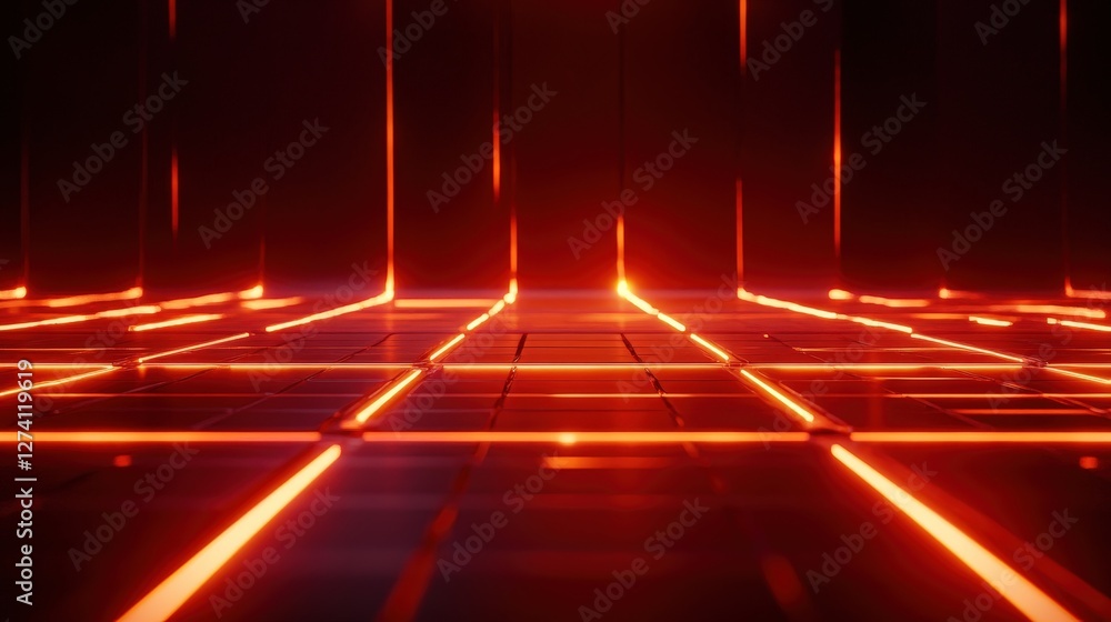 Poster Futuristic digital landscape featuring glowing red lines and geometric patterns that create a visually striking environment, ideal for tech-related themes, backgrounds, and present