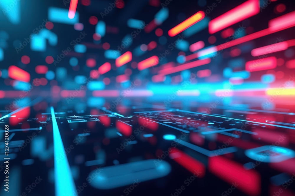 Poster abstract digital landscape depicting futuristic technology with bright neon lights and flowing data 