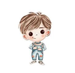 Cute hand drawn boy in overalls with a playful smile standing confidently