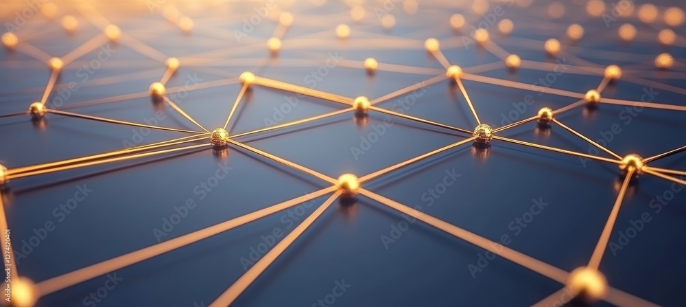 Poster glowing golden network interconnected spheres representing technological connections and data flow