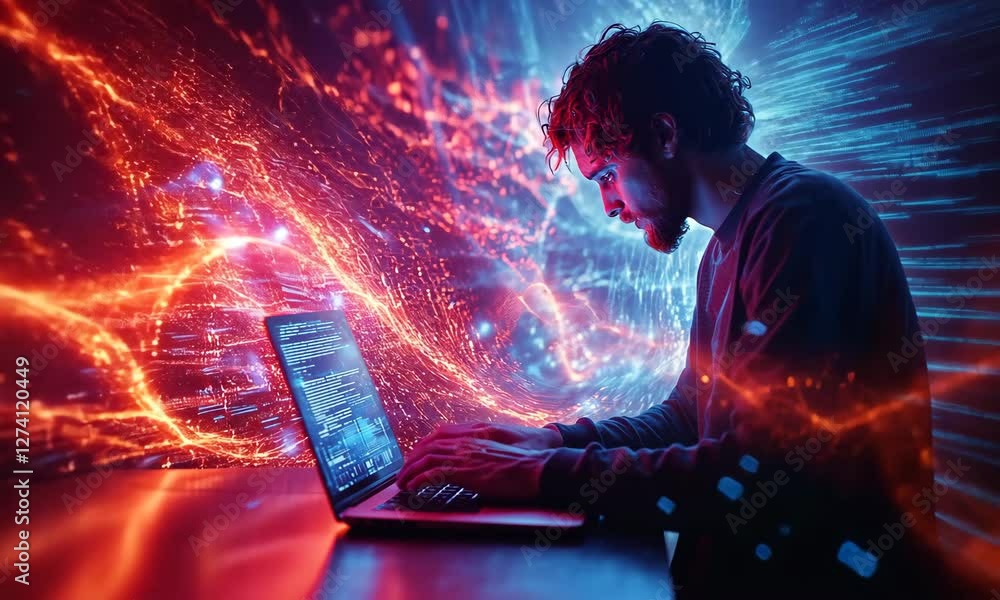 Poster man coding on laptop with red and blue digital particle background