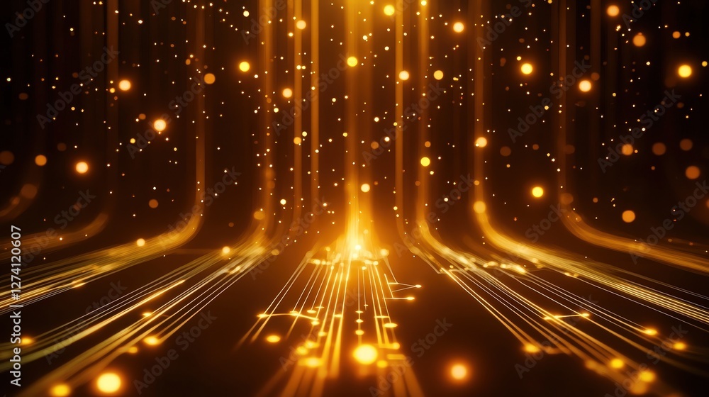 Poster an abstract representation showcasing vibrant golden light beams and sparkling particles, conveying 