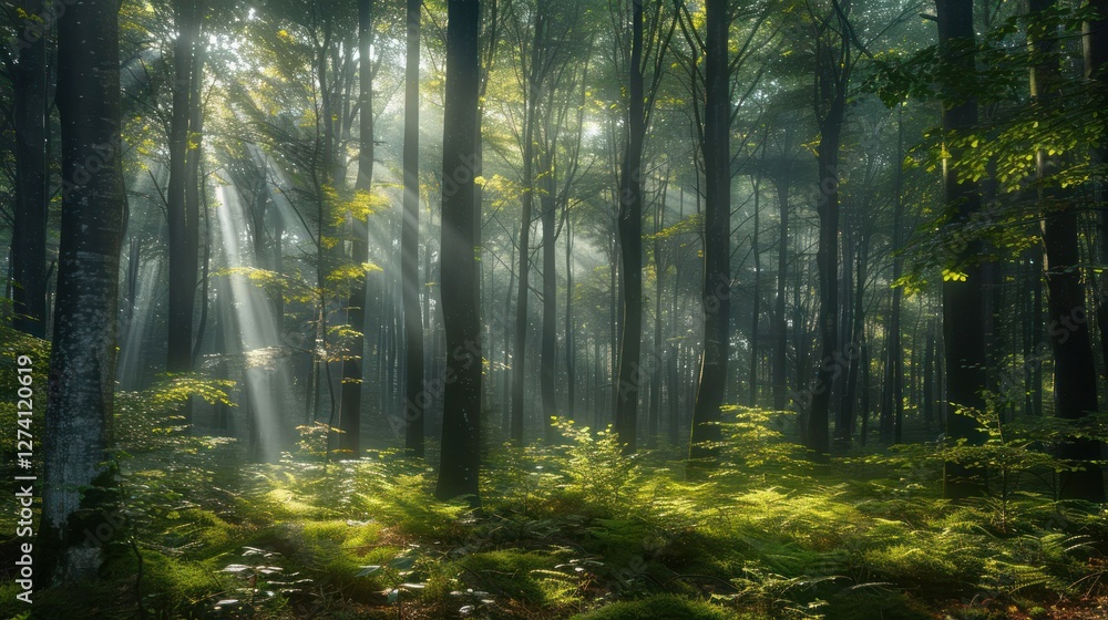 Poster serene forest scene with sunlight filtering through trees, creating a tranquil atmosphere.