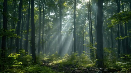 Fototapeta premium A serene forest scene with rays of sunlight filtering through trees, creating a mystical atmosphere.