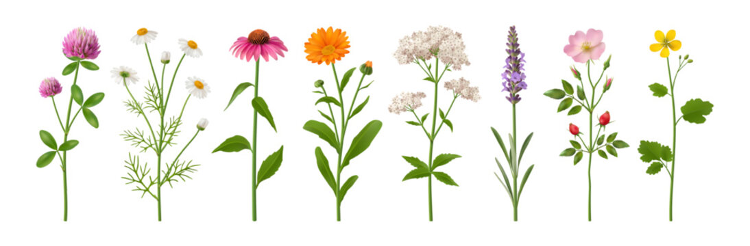Wild flowers herbs, herbaceous flowering plants, blooming flowers, subshrubs isolated. Vector realistic wildflowers blossom, flourishing flora. Chamomile and gerbera and calendula branches