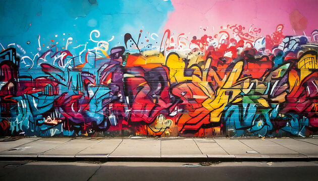Fototapeta Vibrant graffiti art explodes across a brick wall, a splash of urban energy perfect for designs needing a bold, street-style aesthetic.
