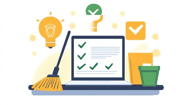 Laptop checklist cleaning broom office productivity