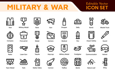 Military & War Icon Set. A powerful collection of icons representing defense and combat themes, perfect for enhancing educational materials, military websites, and historical projects.