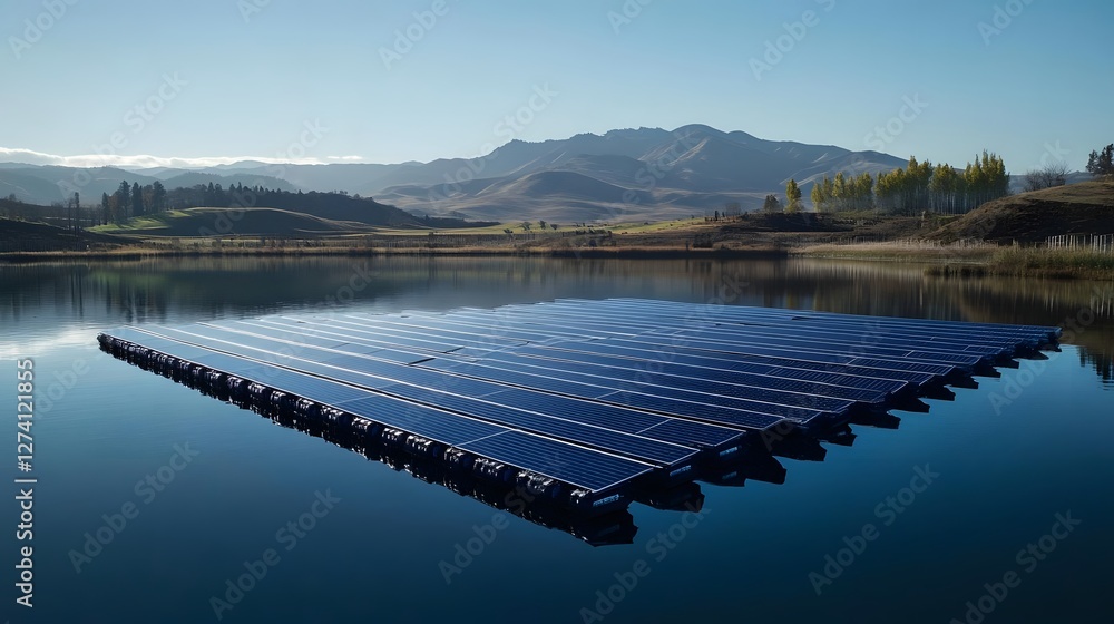 Poster floating solar panel array on calm water with mountains in the background during a clear day