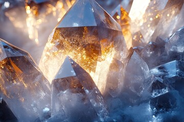 A breathtaking close-up of a geometric crystal formation, highlighting the sharp angles and reflective surfaces