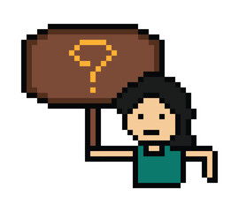 Cute pixel cartoon character man with question mark decoration 8 bit male boy confused idea question mark quiz questionnaire choose cartoon pixel game 8bit png vector.