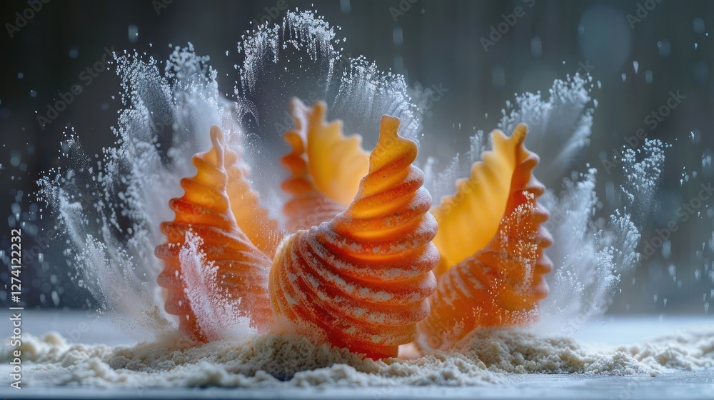 Poster a vibrant pasta shell splashes into flour, creating a dynamic culinary scene.