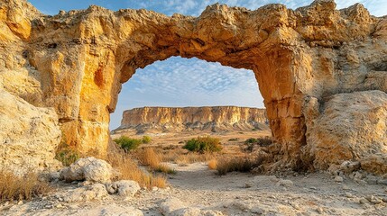 Stunning Rock Arch Framing a Serene Desert Landscape under a Bright Sky