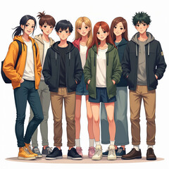 Obraz premium Group of manga style teenagers, girls, boys. Japanese anime characters, friends in fashion casual clothes standing together. Young students, youth culture, togetherness, friendship, relationships