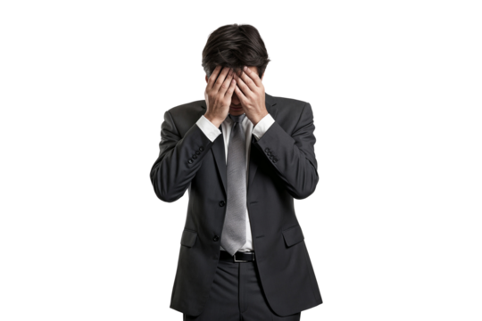 Sad businessman holding his head, looking stressed and tired, isolated on transparent background