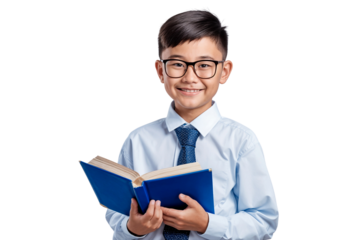 Young schoolboy holding book, wearing glasses, isolated on transparent background