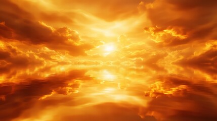 Fototapeta premium A stunning and dramatic sunset scene featuring vibrant shades of orange and yellow illuminating the sky, with clouds reflecting the warm hues, creating a serene and captivating atm