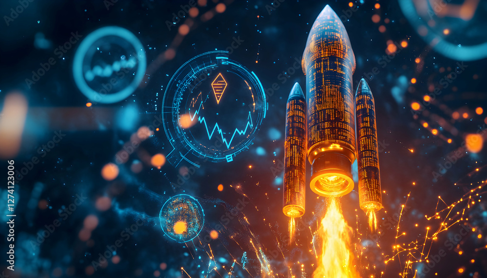 Aufkleber rocket launch with digital data and futuristic technology graphics