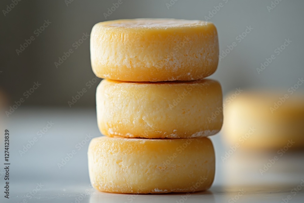 Poster three small cheese rounds creating a vertical stack on white marble table