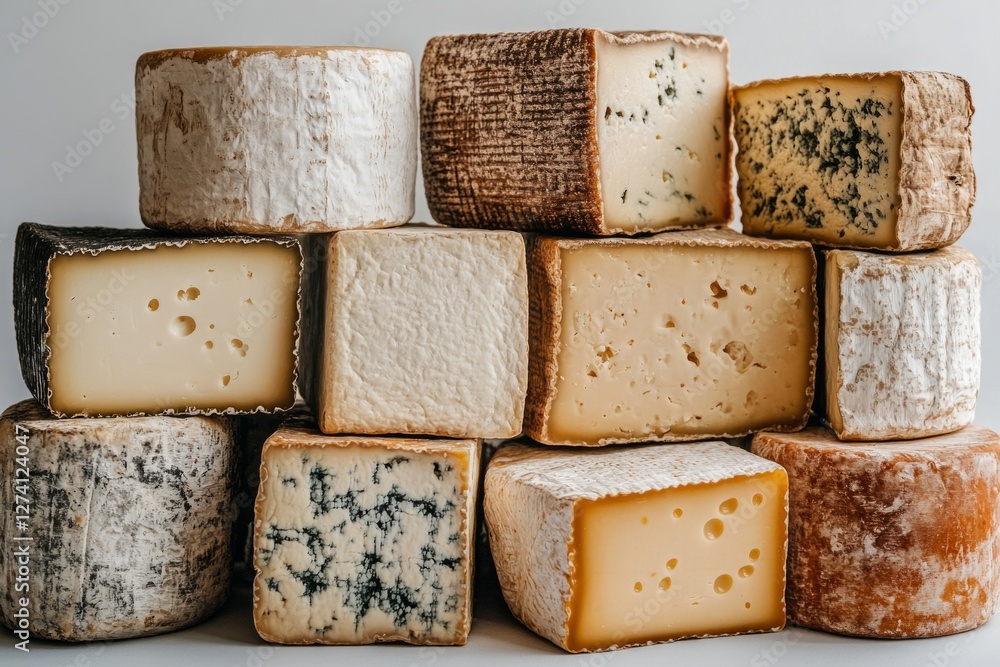 Poster different sorts of delicious cheese wheels and blocks stacked in a pyramid shape, creating an appeal