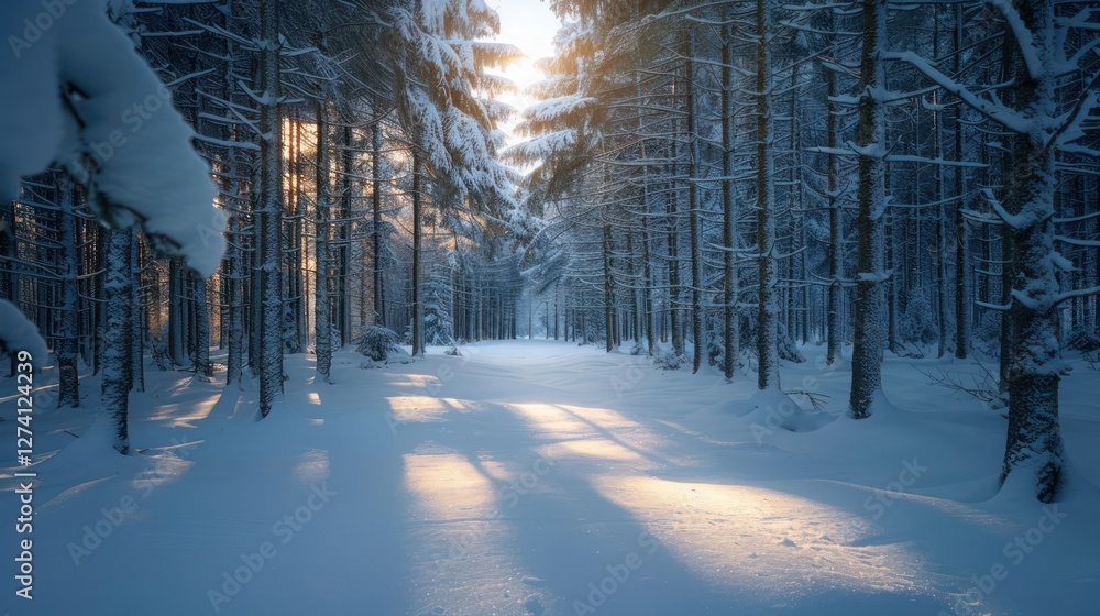 Poster a serene winter scene with snow-covered trees and soft sunlight filtering through the forest.